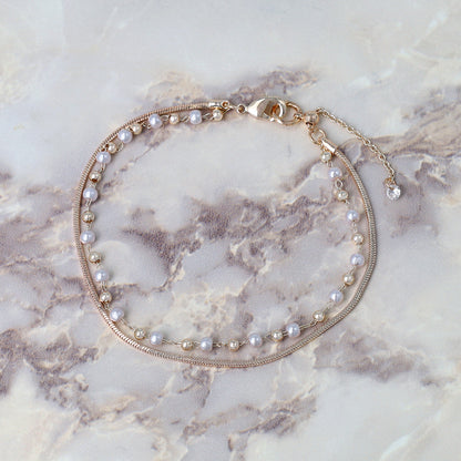 ブレスレット ニッケルフリー ロゼシルバー キュービックジルコニア メタル パール ドット スネークチェーン 2連 スライドボール チェーンブレスレット