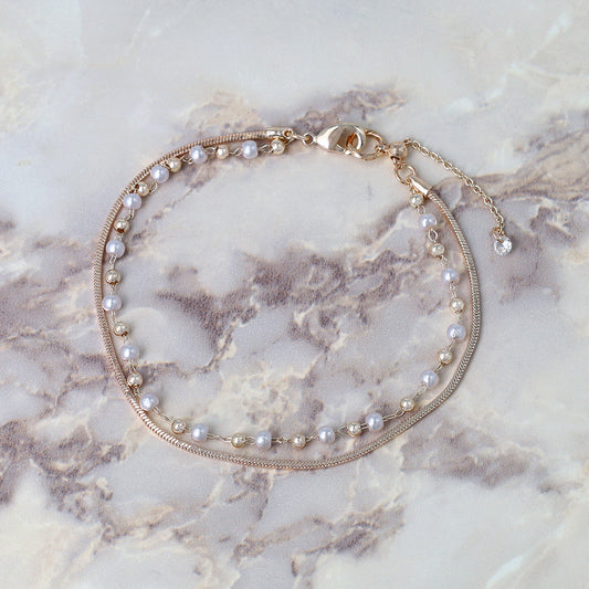 ブレスレット ニッケルフリー ロゼシルバー キュービックジルコニア メタル パール ドット スネークチェーン 2連 スライドボール チェーンブレスレット