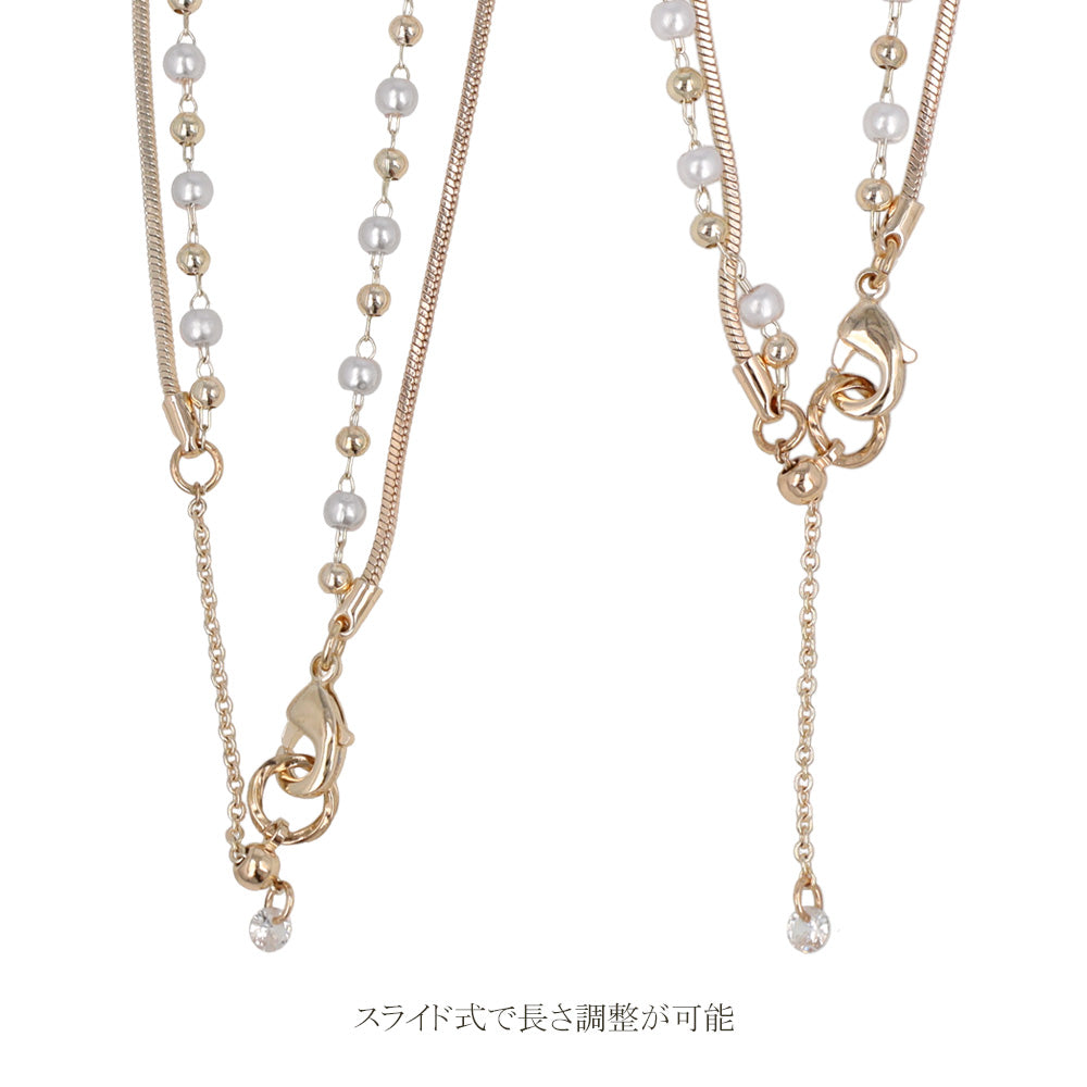 ブレスレット ニッケルフリー ロゼシルバー キュービックジルコニア メタル パール ドット スネークチェーン 2連 スライドボール チェーンブレスレット