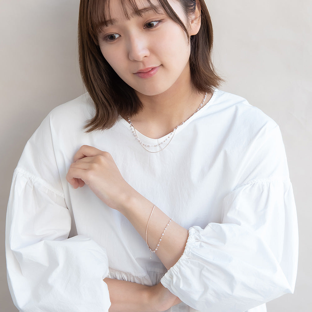 ブレスレット ニッケルフリー ロゼシルバー キュービックジルコニア メタル パール ドット スネークチェーン 2連 スライドボール チェーンブレスレット