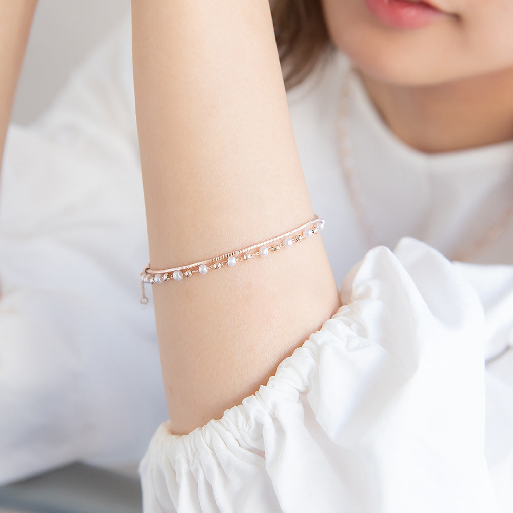 ブレスレット ニッケルフリー ロゼシルバー キュービックジルコニア メタル パール ドット スネークチェーン 2連 スライドボール チェーンブレスレット