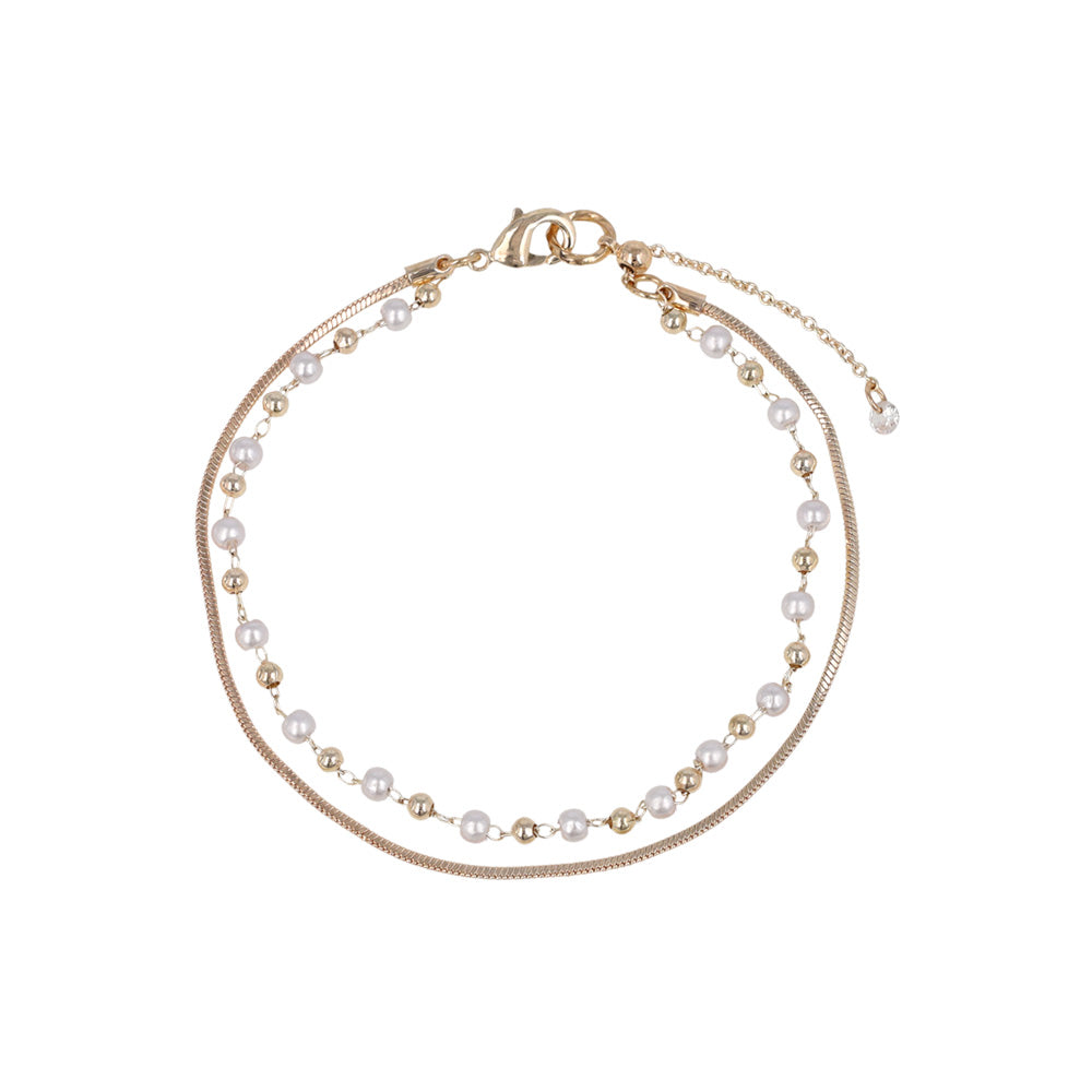 ブレスレット ニッケルフリー ロゼシルバー キュービックジルコニア メタル パール ドット スネークチェーン 2連 スライドボール チェーンブレスレット