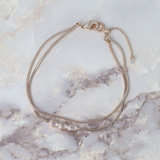 ブレスレット ニッケルフリー ロゼシルバー キュービックジルコニア トリプル オーバル スネークチェーン 2連 スライドボール チェーンブレスレット