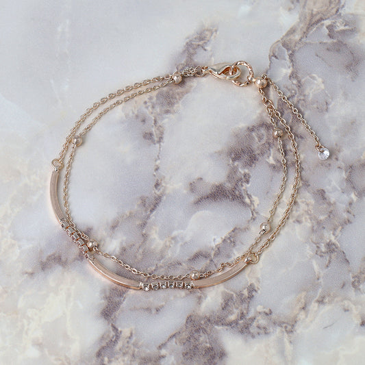 ブレスレット ニッケルフリー ロゼシルバー キュービックジルコニア カーブプレート ストーン ドットチェーン 2連 スライドボール チェーンブレスレット