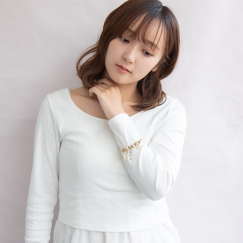 ブレスレット ステンレス メタル キー スター フラワー パヴェ ストーン チャーム ワイヤーブレスレット