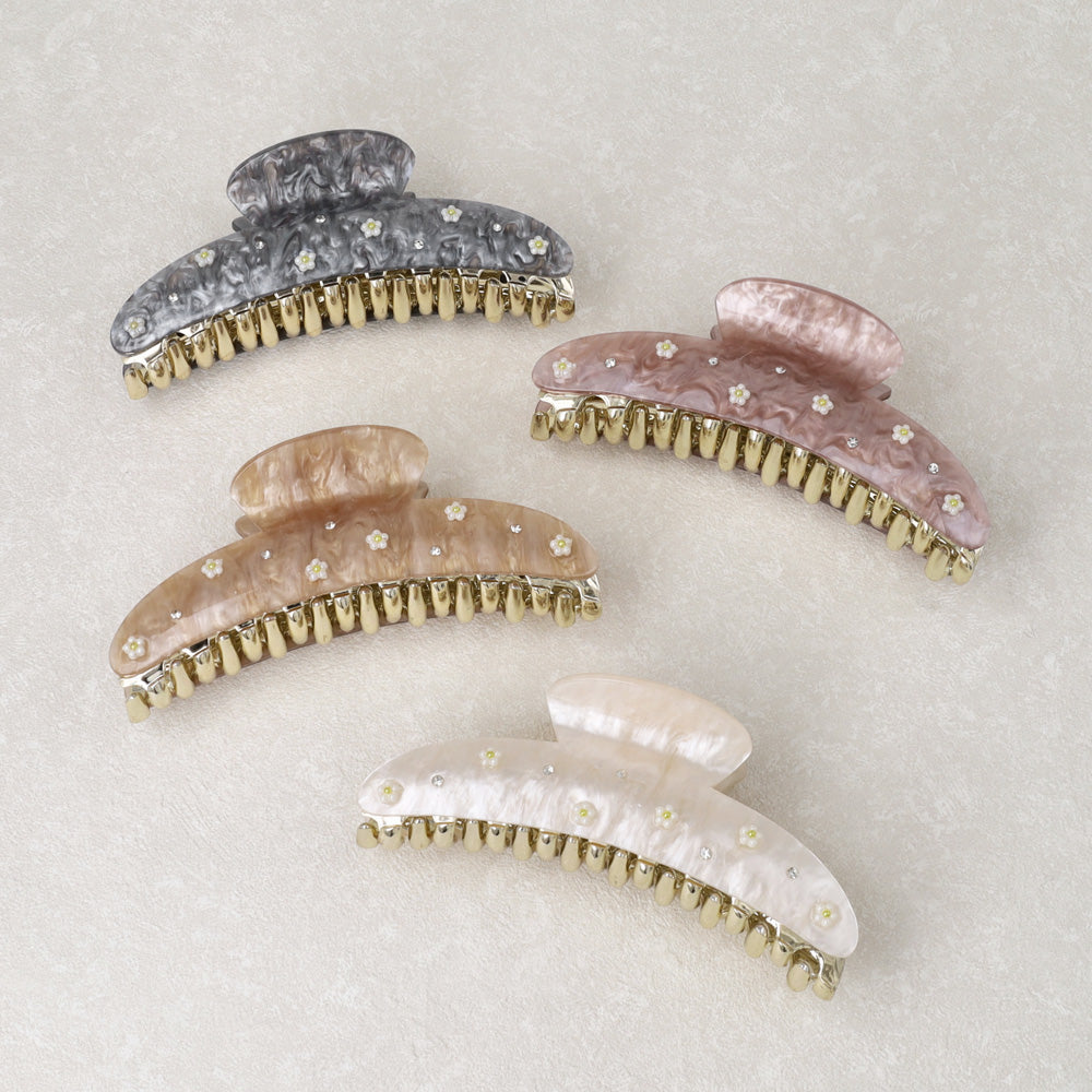 ヘアクリップ ニッケルフリー マーブル カラー フラワー ストーン バンスクリップ