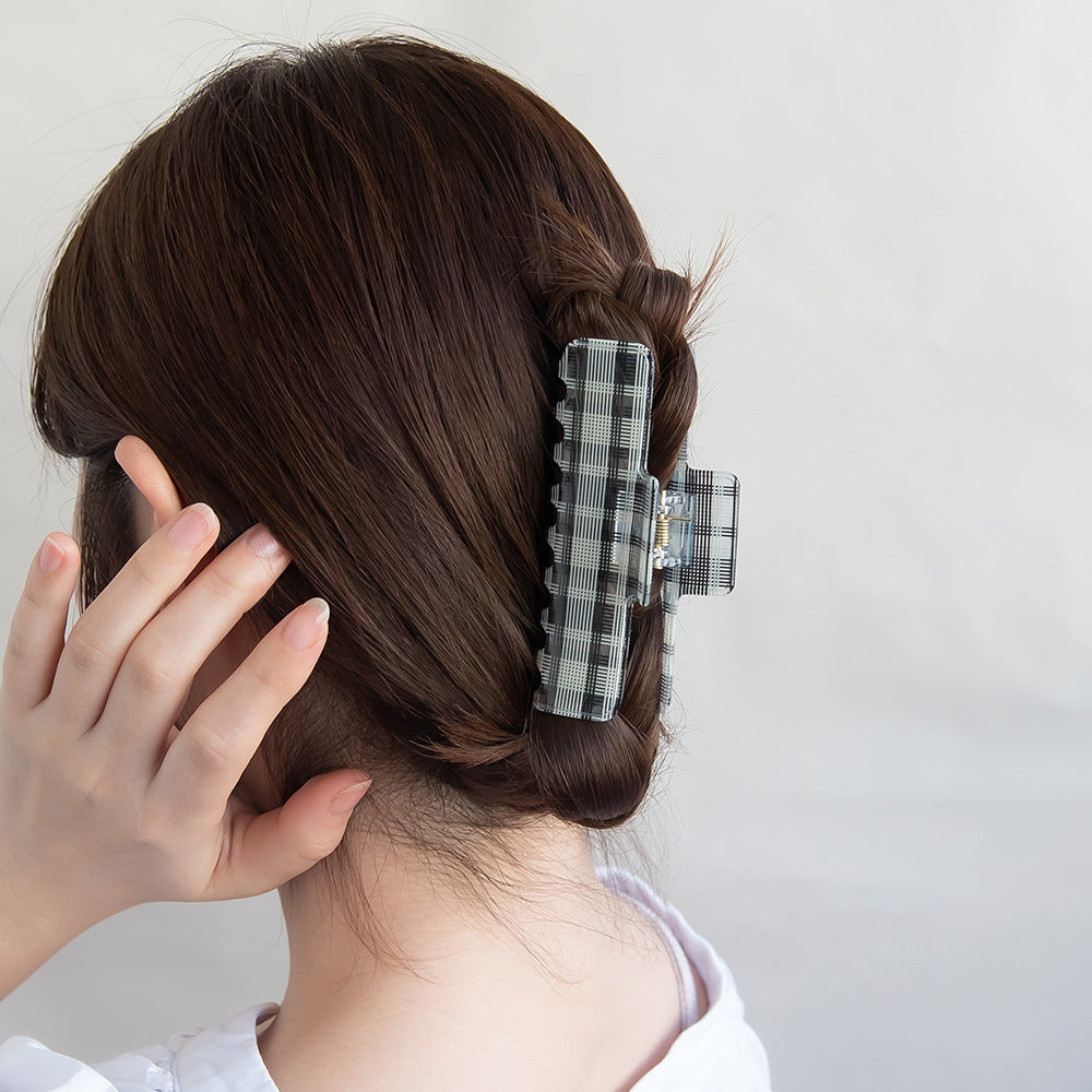 ヘアクリップ チェック 柄 バイカラー レクタングル バンスクリップ