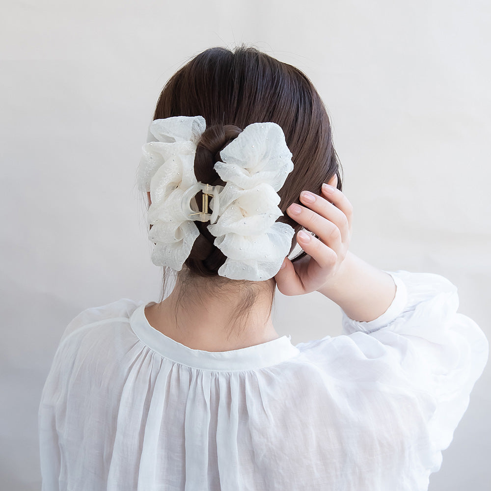 アイボリー フリル付きヘアバンド ヘアクリップ カラー フリル シマー シアー ドット バンスクリップ