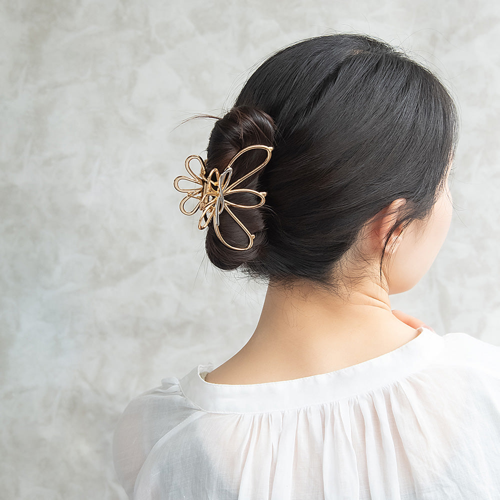 ヘアクリップ メタル フレーム フラワー ループ ライン コンビカラー バンスクリップ