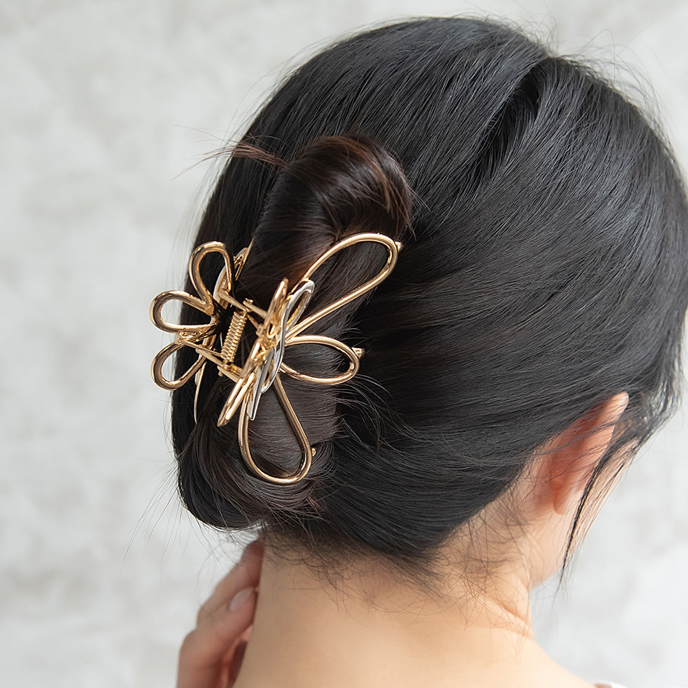 ヘアクリップ メタル フレーム フラワー ループ ライン コンビカラー バンスクリップ