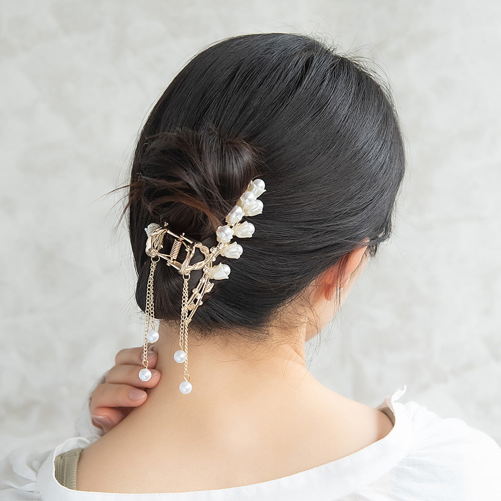 ヘアクリップ スズラン パール ストーン チェーン 下がり ロール