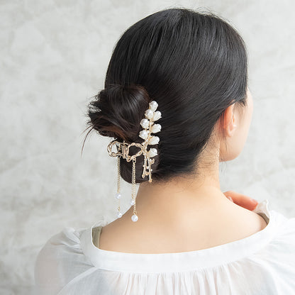 ヘアクリップ スズラン パール ストーン チェーン 下がり ロール バンスクリップ