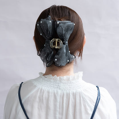 ヘアクリップ ビッグ ダブル リボン シアー  パール ピンドット クリア カラー バンスクリップ