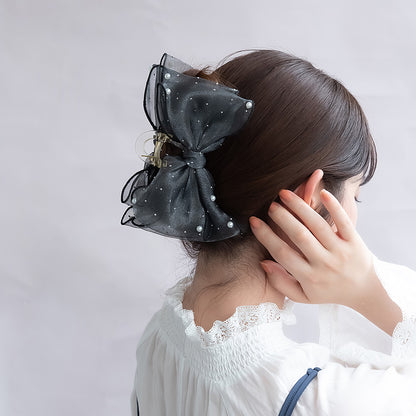 ヘアクリップ ビッグ ダブル リボン シアー  パール ピンドット クリア カラー バンスクリップ