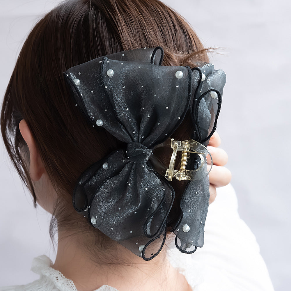 ヘアクリップ ビッグ ダブル リボン シアー パール ピンドット クリア