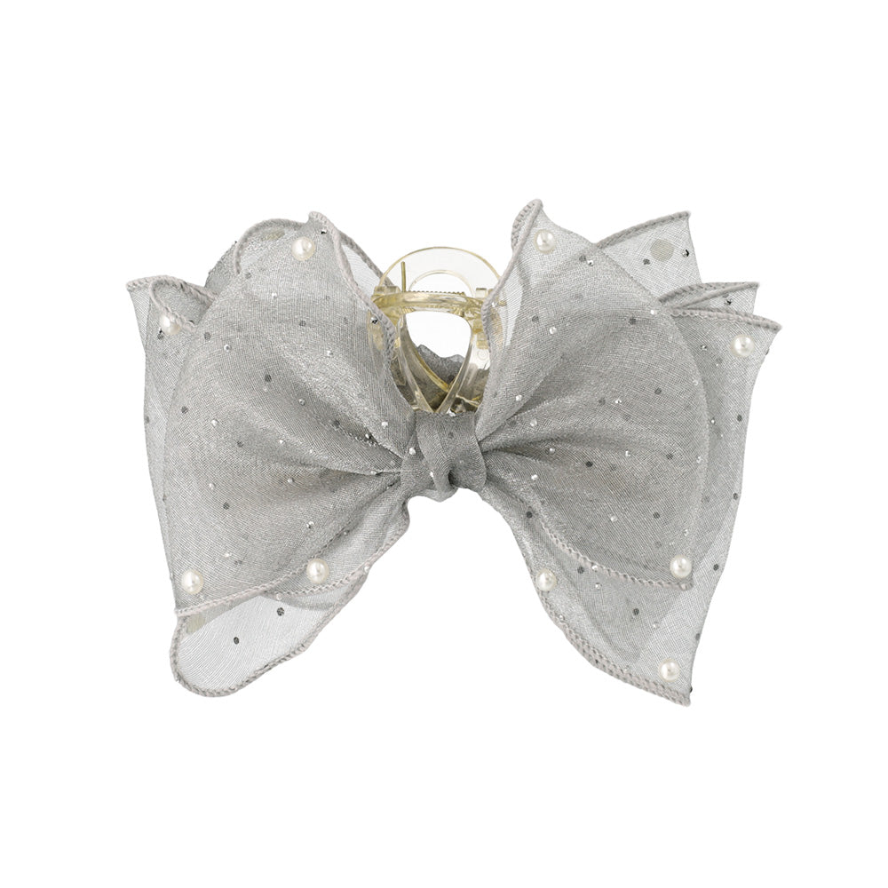 ヘアクリップ ビッグ ダブル リボン シアー  パール ピンドット クリア カラー バンスクリップ
