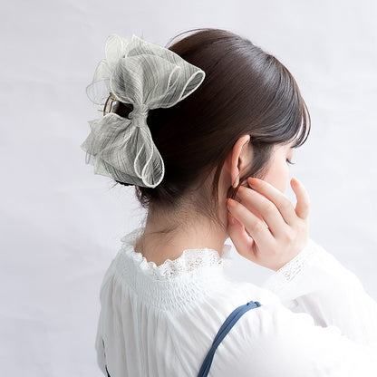 ヘアクリップ シアー ビッグ ダブル リボン チェック 柄 バンスクリップ