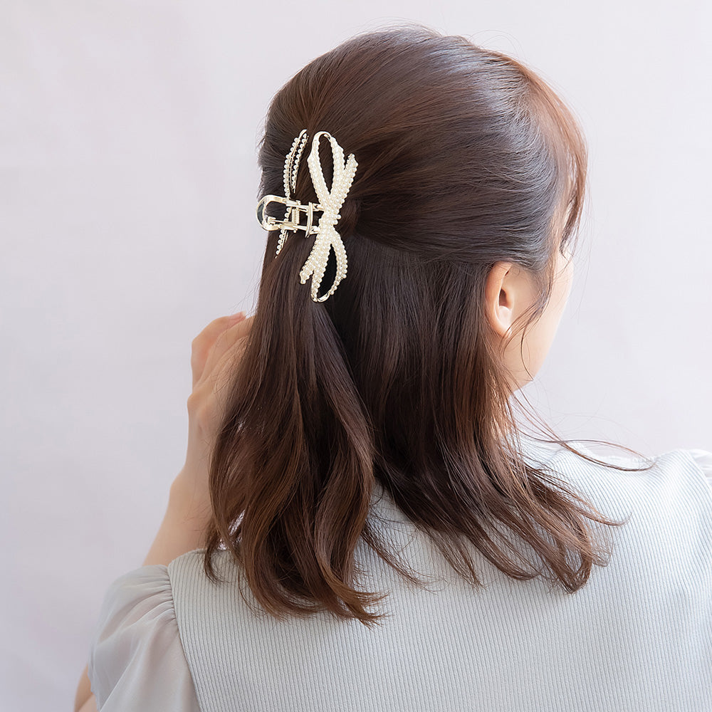 ヘアクリップ メタル ストーン パール リボン バンスクリップ