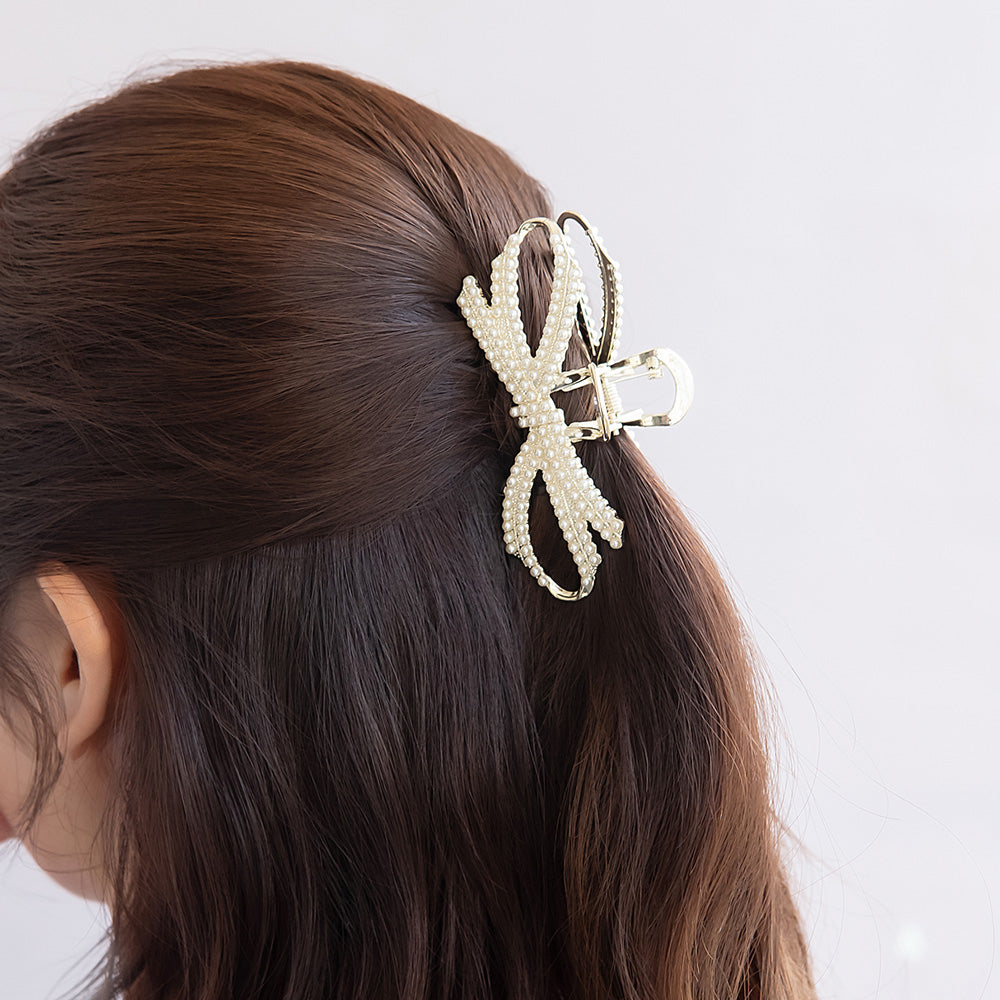 ヘアクリップ メタル ストーン パール リボン バンスクリップ