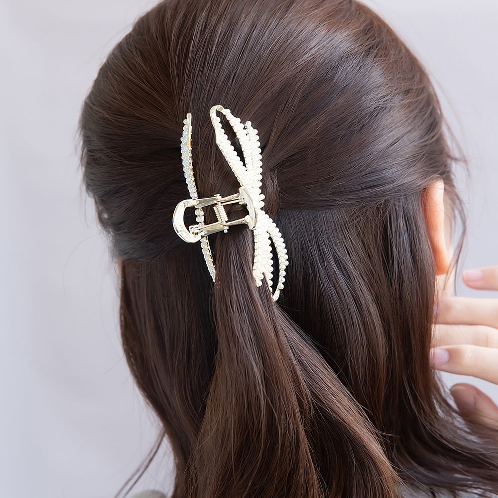 ヘアクリップ メタル ストーン パール リボン バンスクリップ