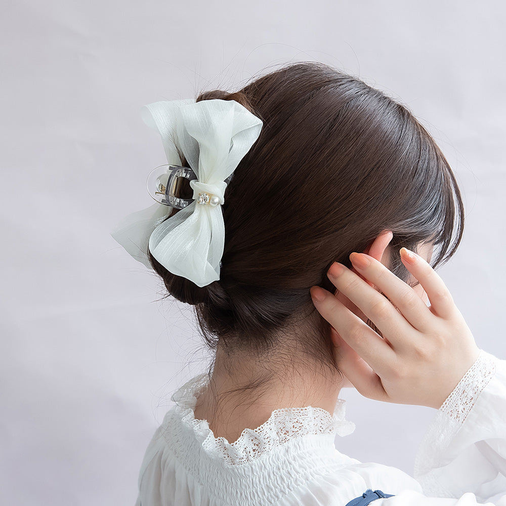 ヘアクリップ シアー シマー リボン パール ストーン バンスクリップ