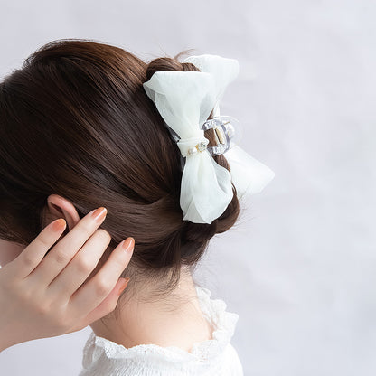 ヘアクリップ シアー シマー リボン パール ストーン バンスクリップ