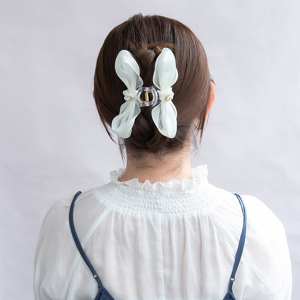 パールリボン型ヘアクリップ ヘアクリップ シアー シマー リボン パール ストーン バンスクリップ