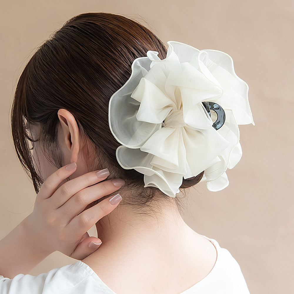 ヘアクリップ シマー シアー ビッグ リボン フリル カラー バンスクリップ