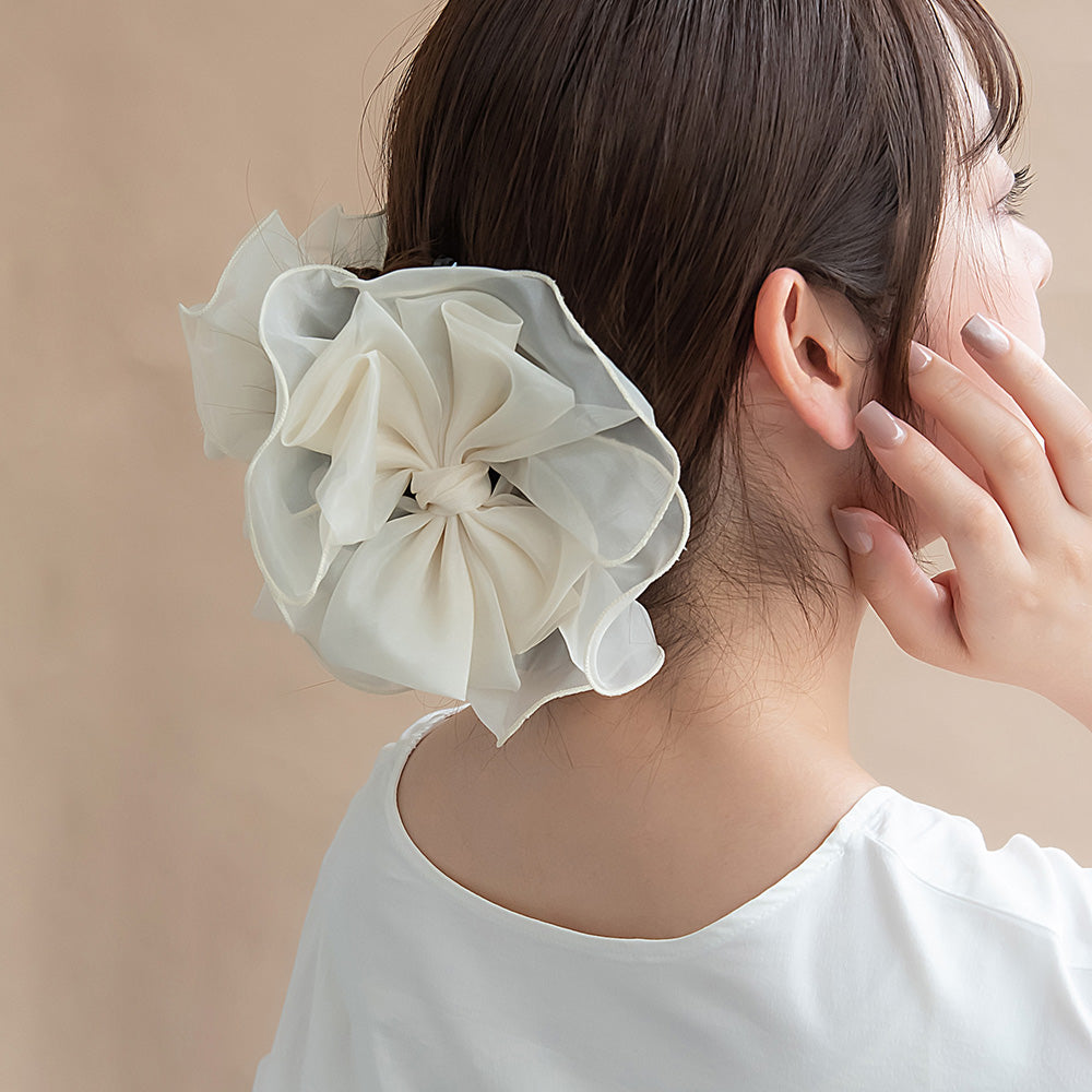 ヘアクリップ シマー シアー ビッグ リボン フリル カラー バンスクリップ