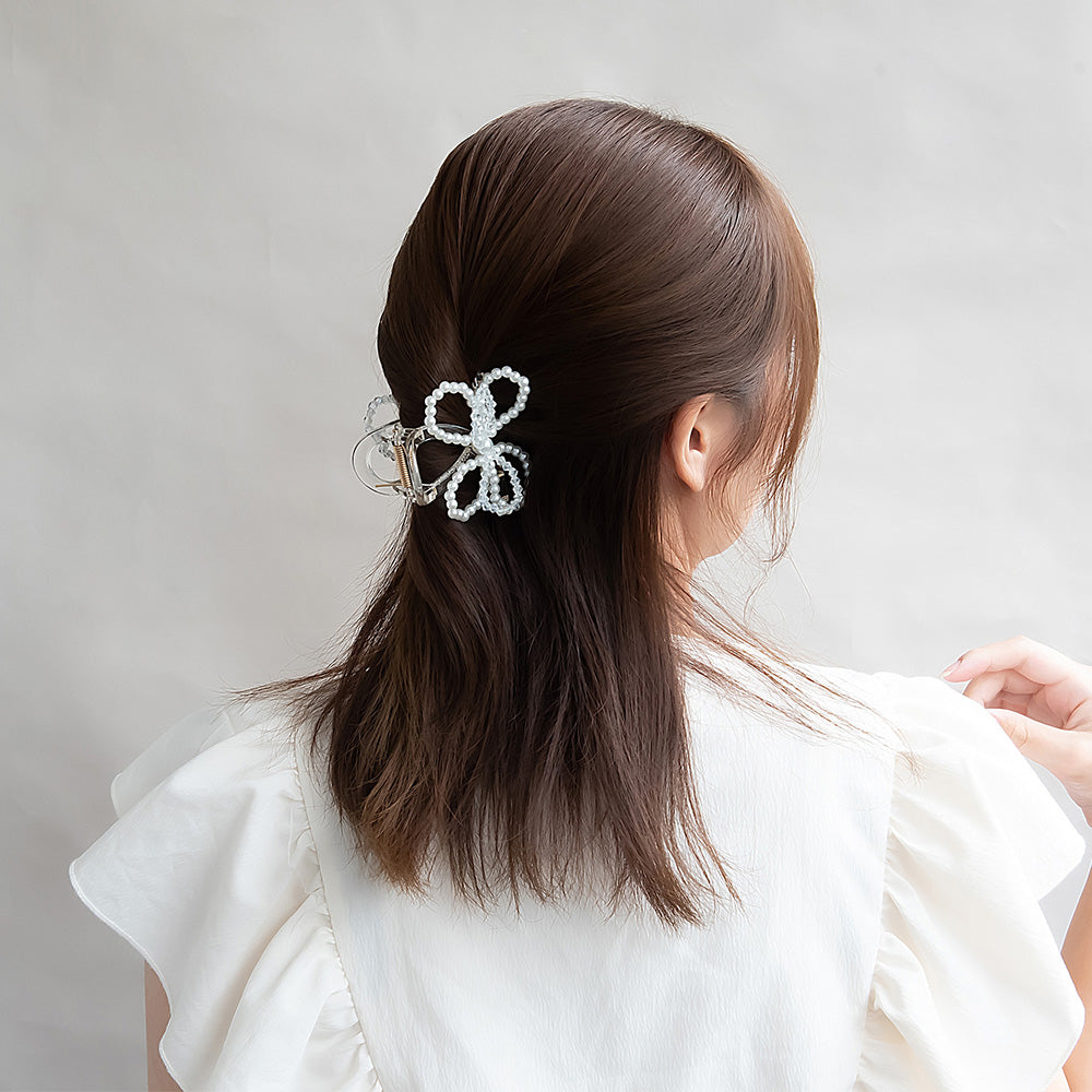 ヘアクリップ 立体 リボン パール ビーズ クリア ロール バンスクリップ