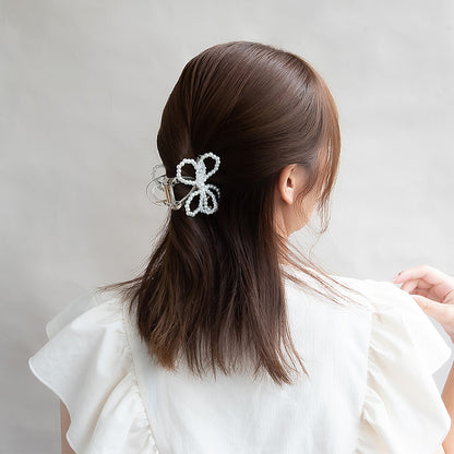 ヘアクリップ 立体 リボン パール ビーズ クリア ロール バンスクリップ