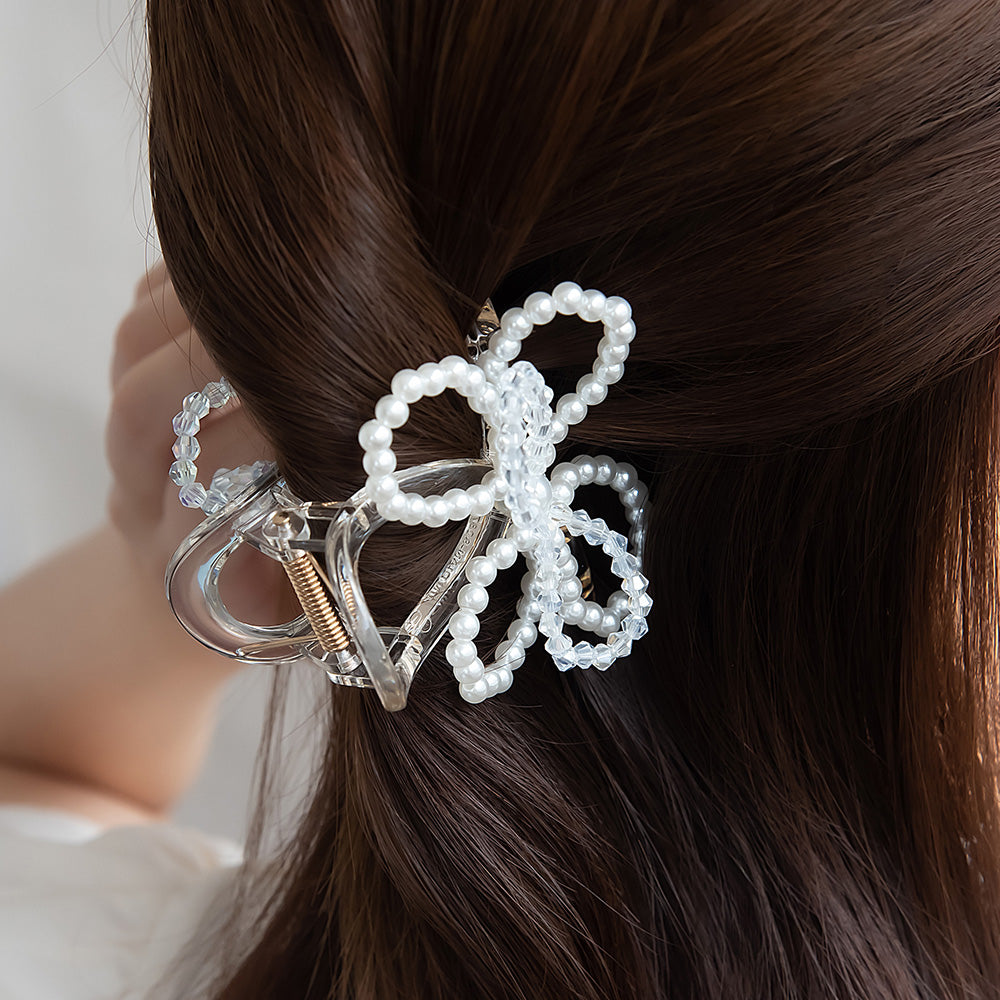 ヘアクリップ 立体 リボン パール ビーズ クリア ロール バンスクリップ