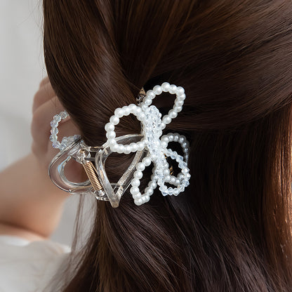ヘアクリップ 立体 リボン パール ビーズ クリア ロール バンスクリップ