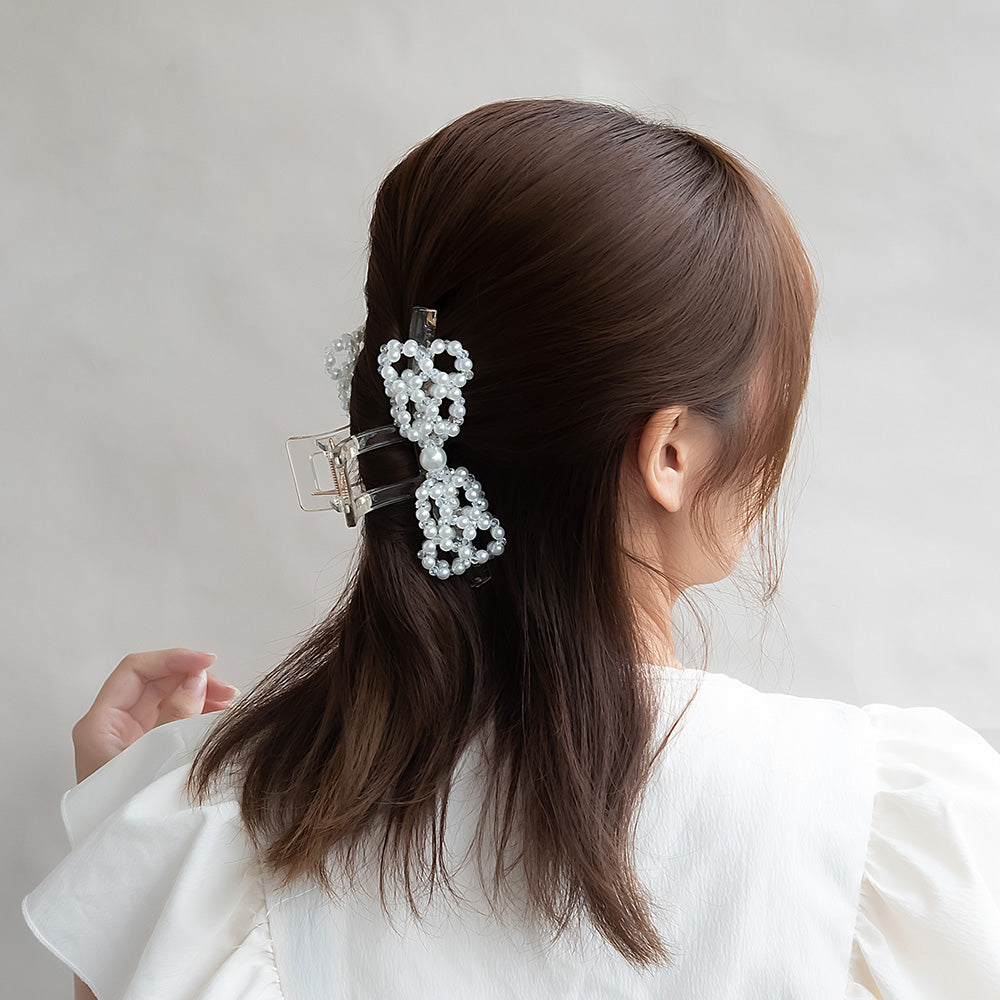 ヘアクリップ 立体 リボン パール ビーズ クリア バンスクリップ
