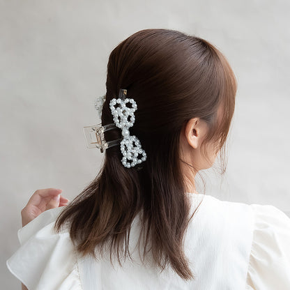 ヘアクリップ 立体 リボン パール ビーズ クリア バンスクリップ