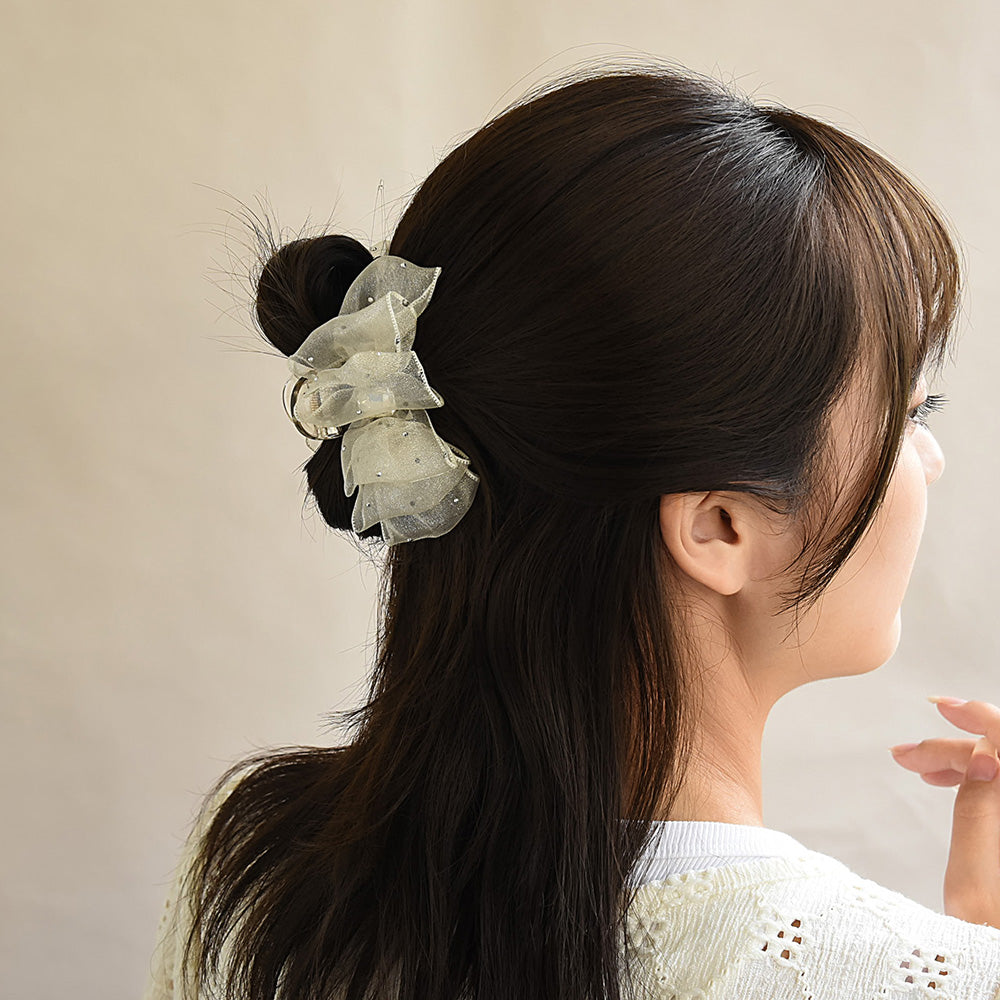 ヘアクリップ シアー リボン ドット ストーン ロール バンスクリップ