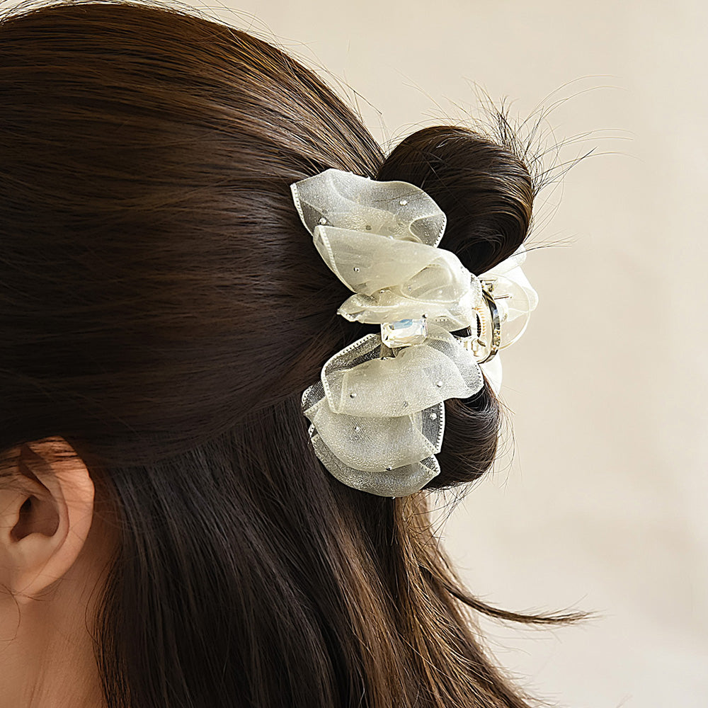 ヘアクリップ シアー リボン ドット ストーン ロール バンスクリップ