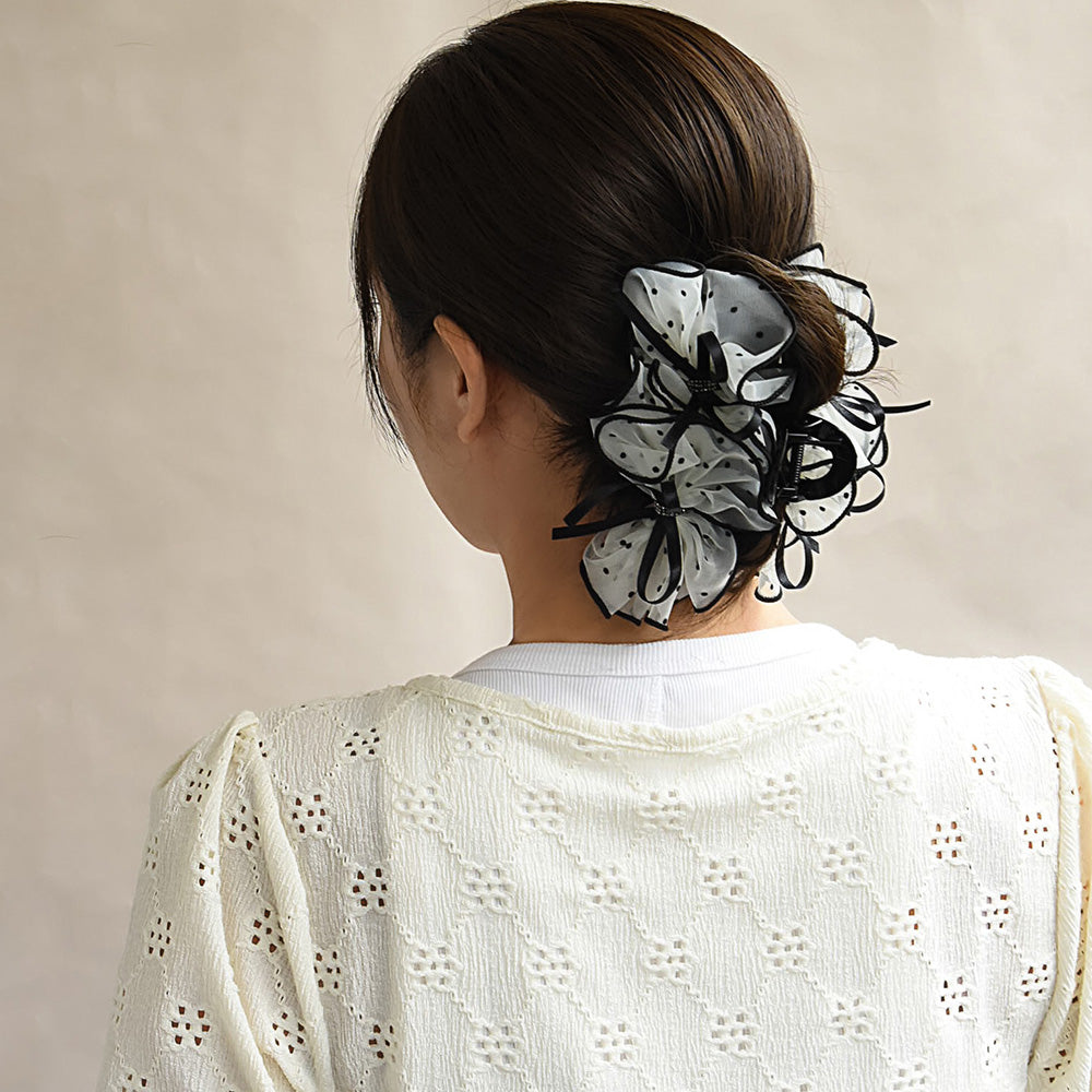 ヘアクリップ シアー ダブル リボン ドット ロール バンスクリップ