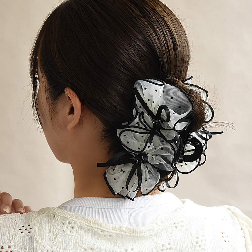 ヘアクリップ シアー ダブル リボン ドット ロール バンスクリップ