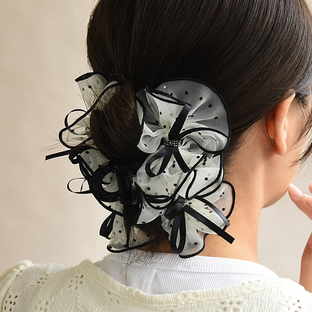 ヘアクリップ シアー ダブル リボン ドット ロール バンスクリップ