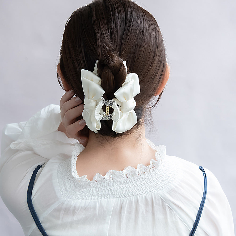 ヘアクリップ シマー ダブル リボン モノトーン カラー ロール バンスクリップ
