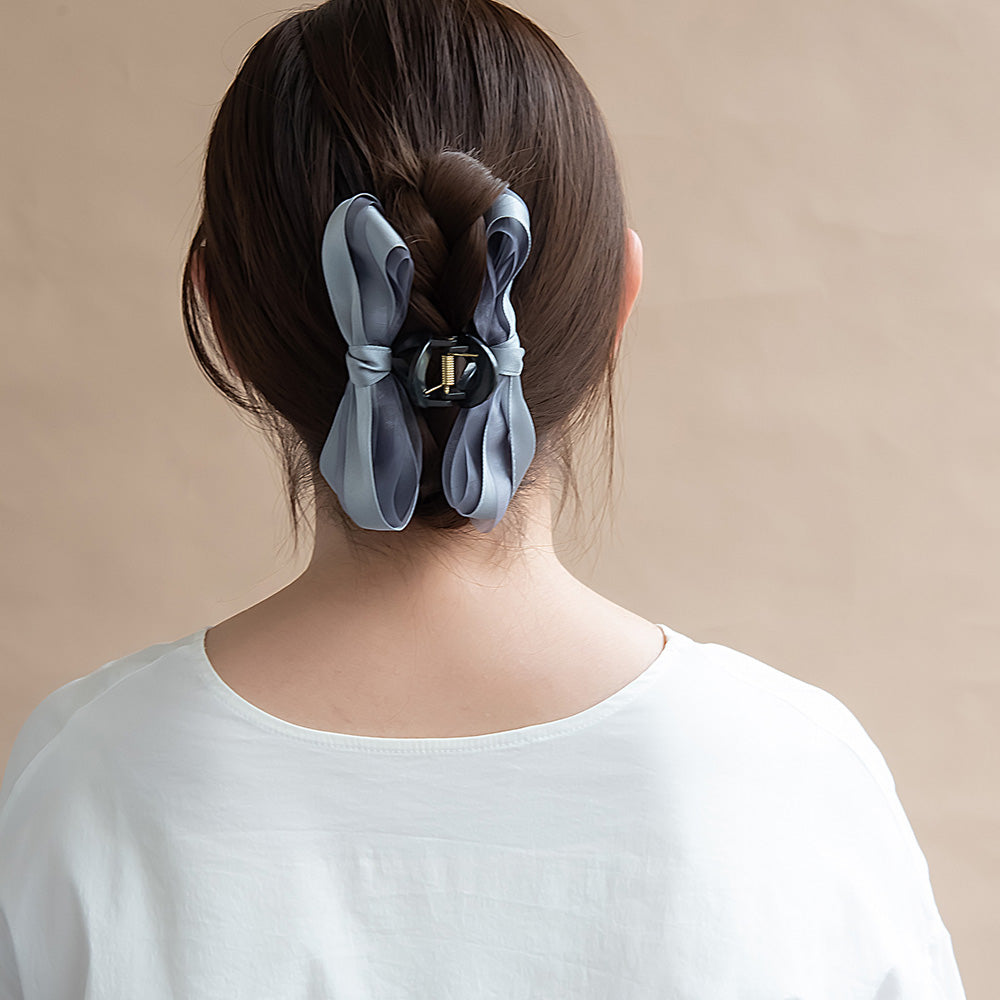 ヘアクリップ シアー ダブル リボン カラー ロール バンスクリップ