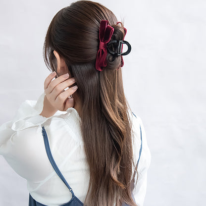 ヘアクリップ ベロア ダブル リボン カラー ロール バンスクリップ