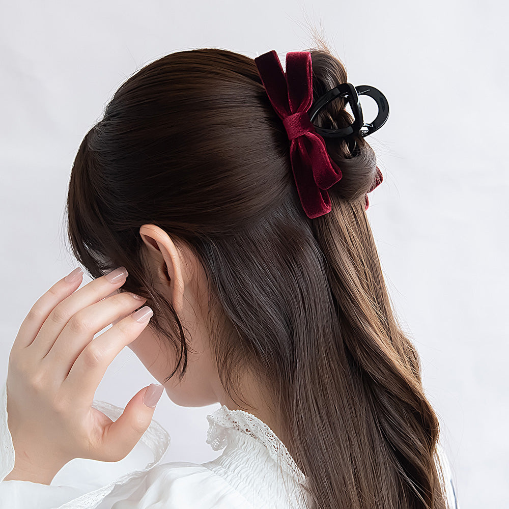 ヘアクリップ ベロア ダブル リボン カラー ロール バンスクリップ
