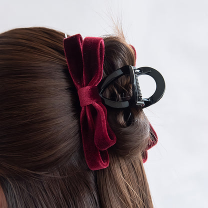 ヘアクリップ ベロア ダブル リボン カラー ロール バンスクリップ