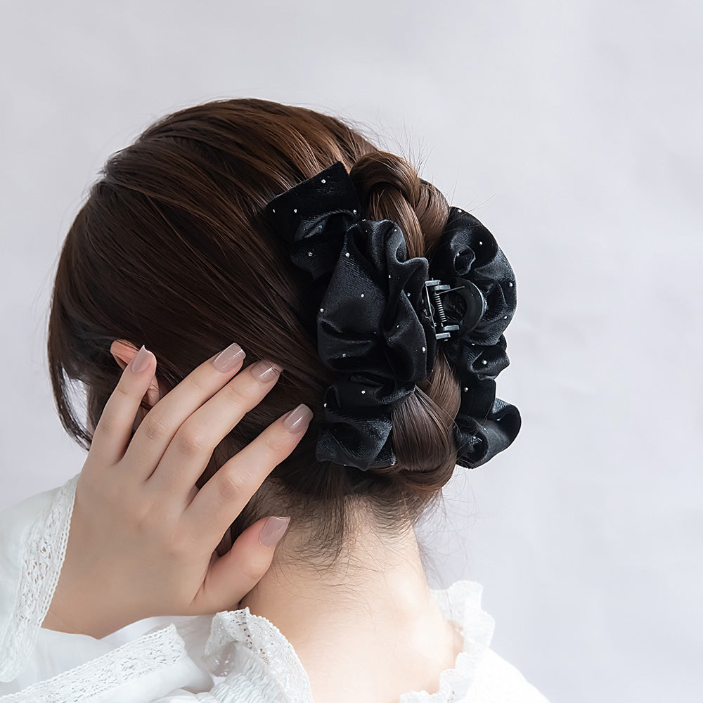 ヘアクリップ ベロア くしゅくしゅ メニー ストーン バンスクリップ