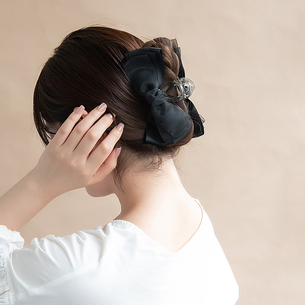 ヘアクリップ シアー シマー オーガンジー ダブル リボン カラー ロール バンスクリップ