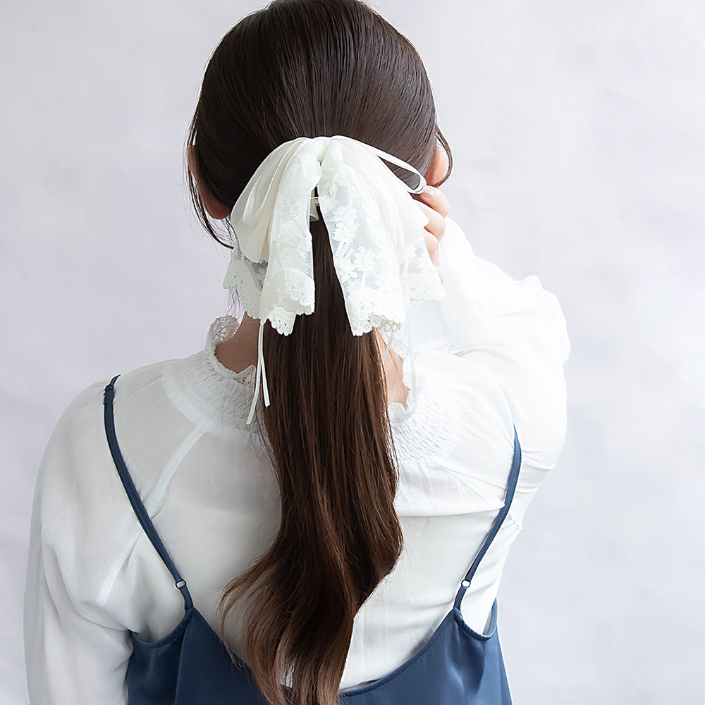 ヘアクリップ シアー シマー レース リボン モノトーン カラー バンスクリップ