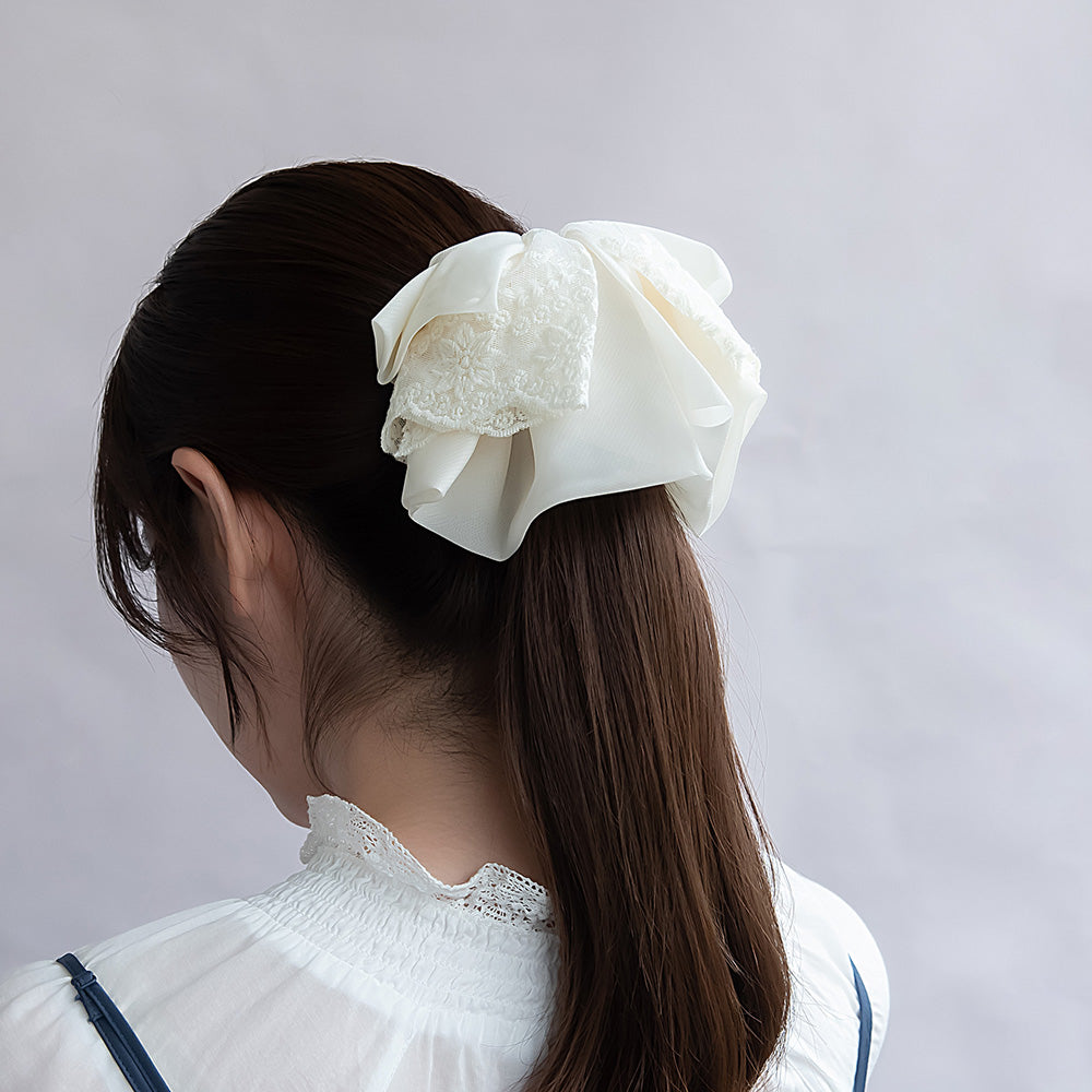 ヘアクリップ シアー シマー レース リボン パール モノトーン カラー バンスクリップ