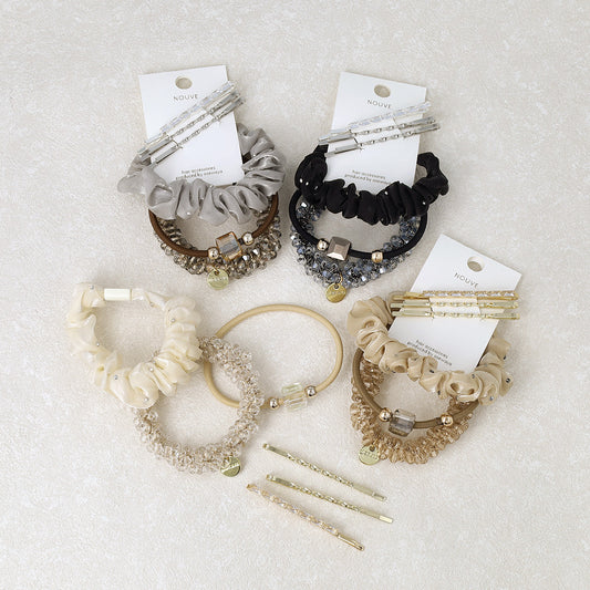 シュシュ NOUVE. クリア ビーズ ヘアゴム レクタングル ストーン ツイスト メタル アメピン 6個セット マルチセットシュシュ